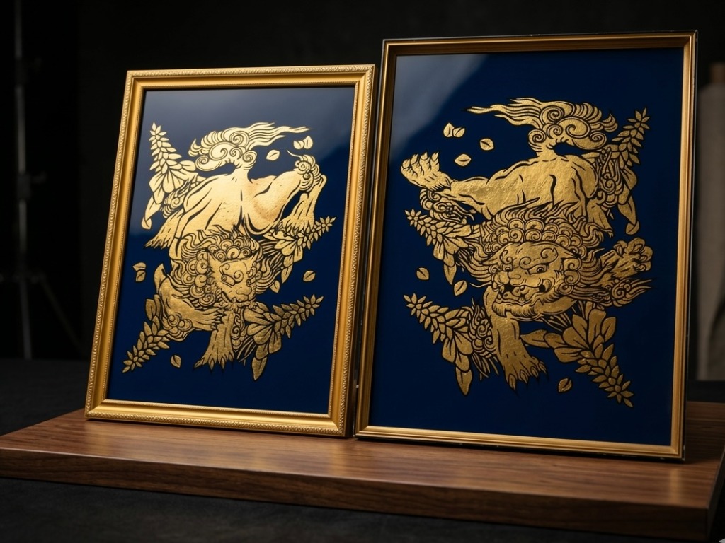 ビヰドロ絵 制作例 - 獅子（対）