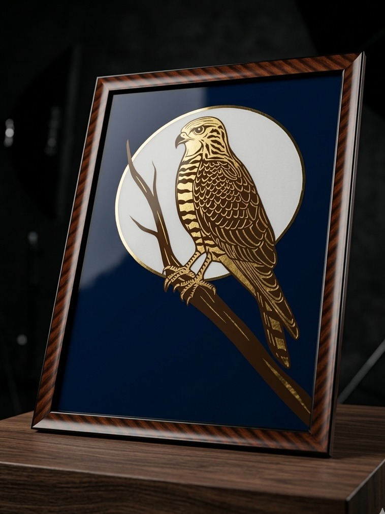 ビヰドロ絵 制作例 - 止まり木の鷹